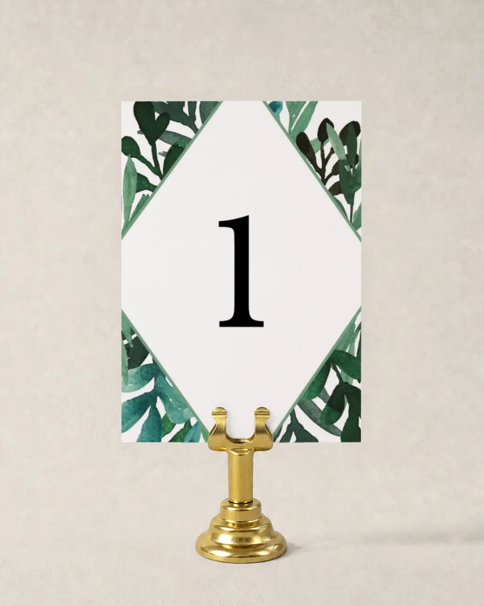 This is a 3½" x 5" Wedding Table Number called Breathtaking Boughs printed in full color