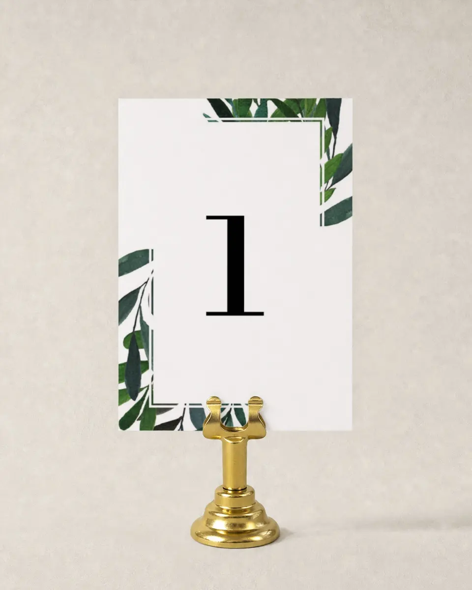 This is a 3½" x 5" Wedding Table Number called Painted Greens printed in full color