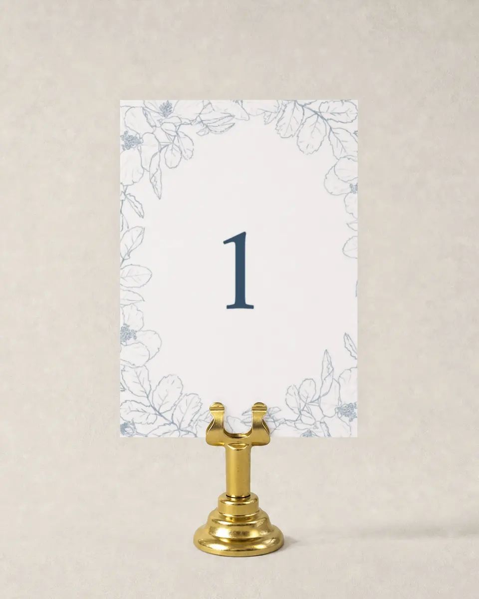 This is a 3½" x 5" Wedding Table Number called Floral Sketch printed in full color