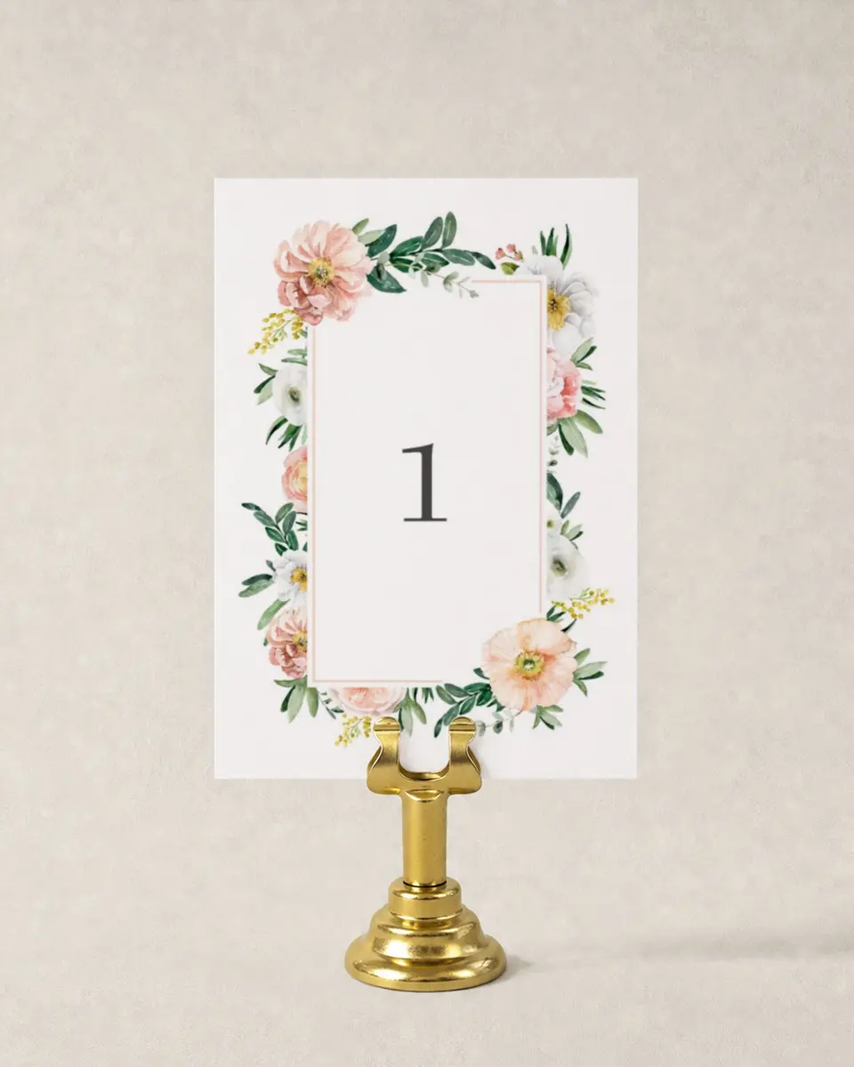 This is a 3½" x 5" Wedding Table Number called Delicate Florals printed in full color
