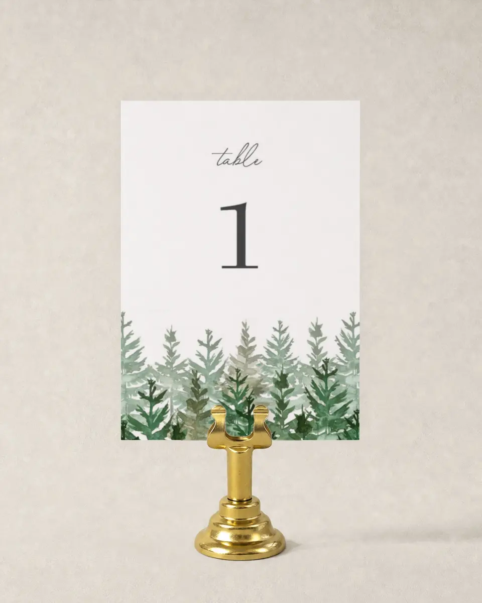 This is a 3½" x 5" Wedding Table Number called Ethereal Evergreens printed in full color