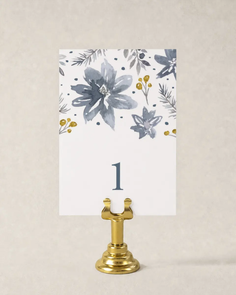 This is a 3½" x 5" Wedding Table Number called Winter Floral printed in full color