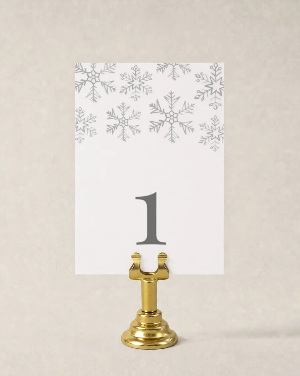This is a 3½" x 5" Wedding Table Number called Sweet Snowflakes printed in full color