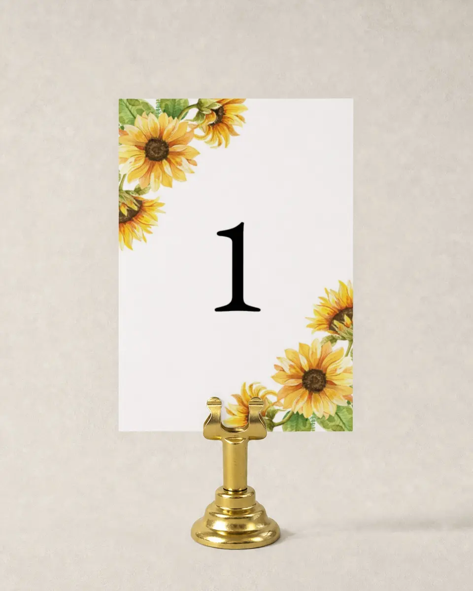 This is a 3½" x 5" Wedding Table Number called Sunflower Bliss printed in full color