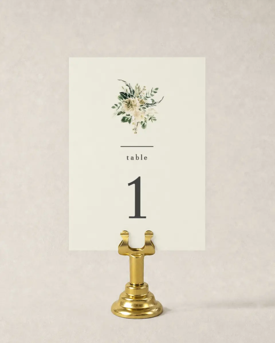 This is a 3½" x 5" Wedding Table Number called Honest Bouquet printed in full color