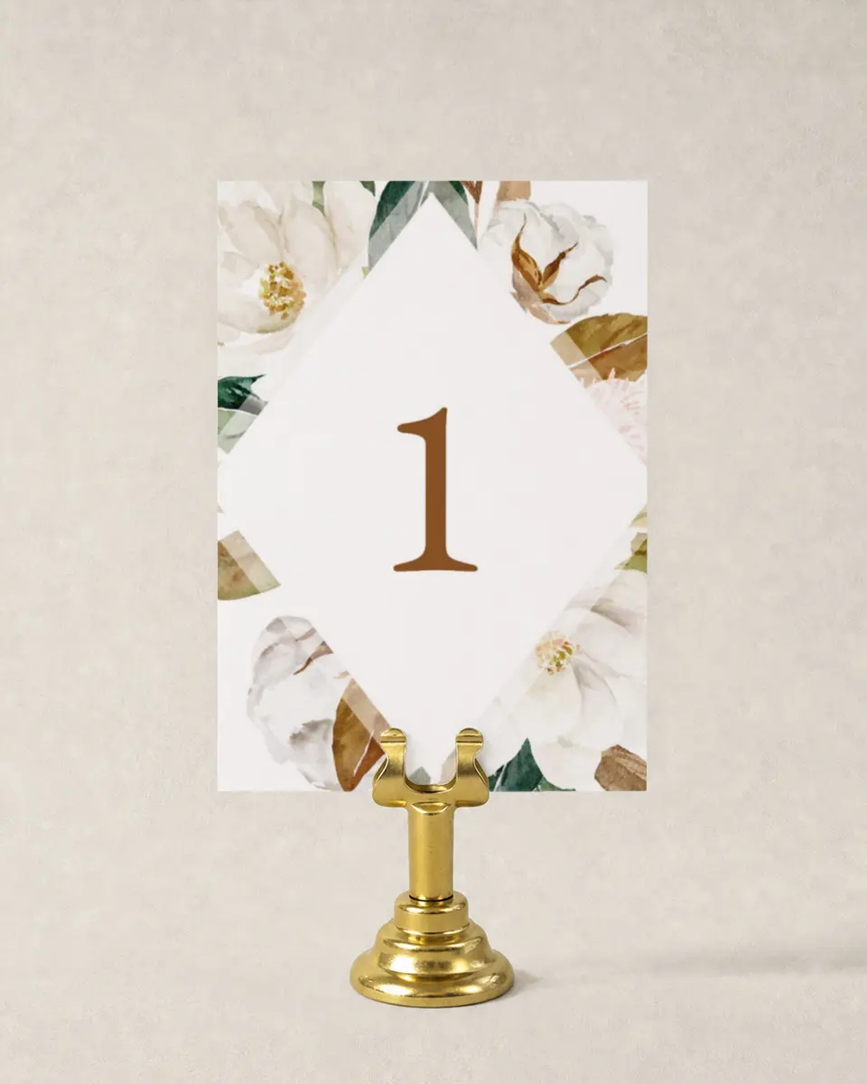 This is a 3½" x 5" Wedding Table Number called Soft Magnolia printed in full color