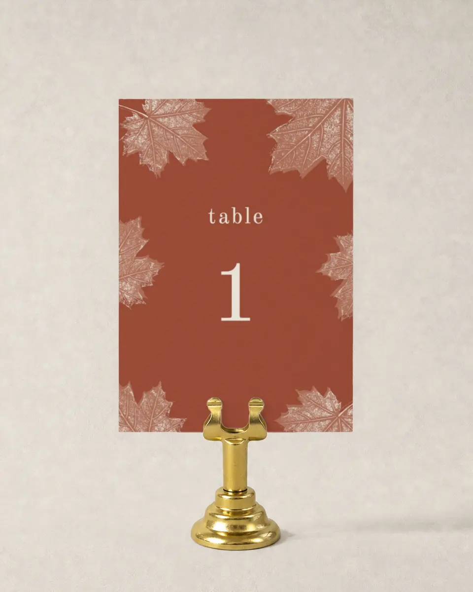 This is a 3½" x 5" Wedding Table Number called Turning Leaves printed in full color