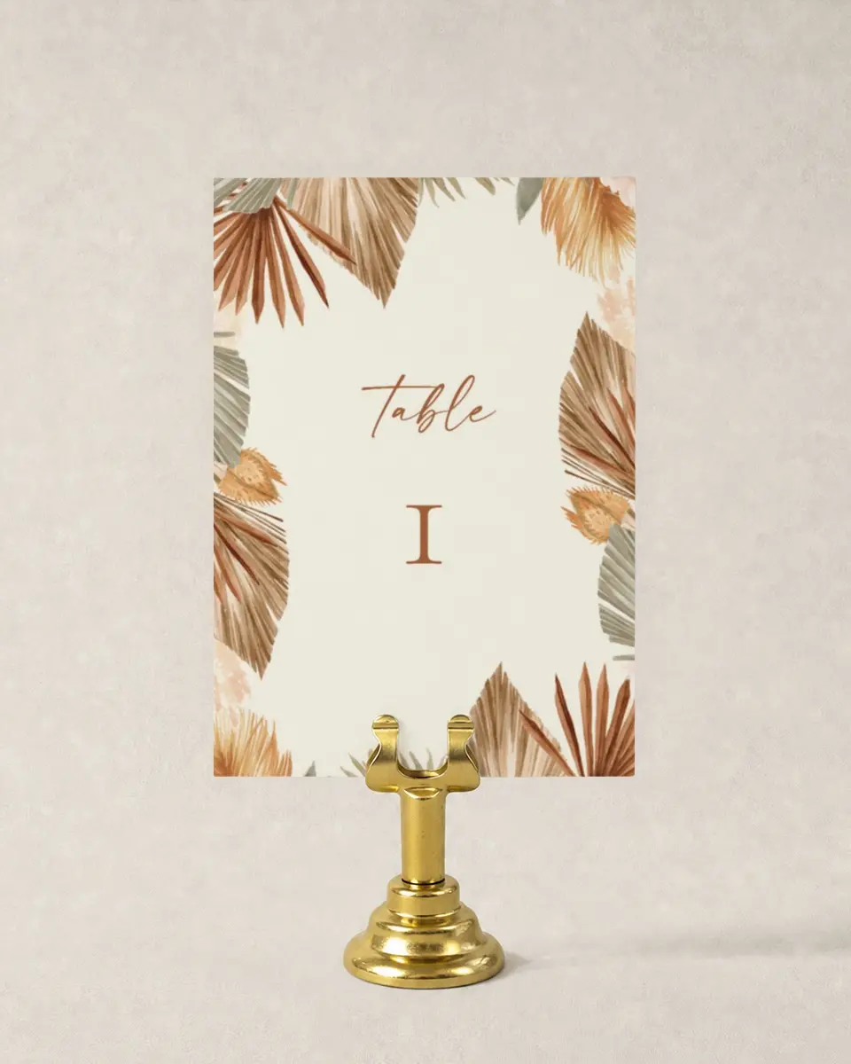 This is a 3½" x 5" Wedding Table Number called Sandy Fronds printed in full color