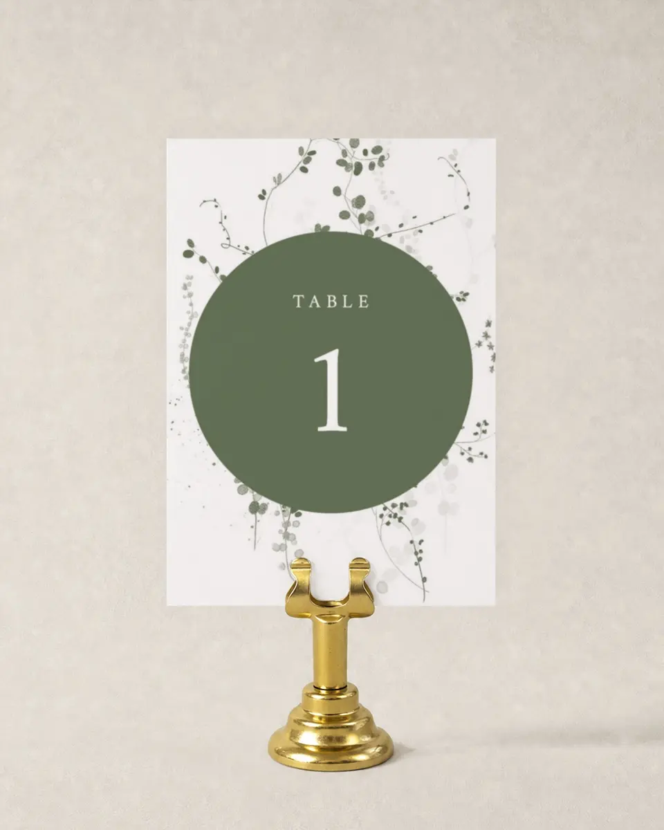 This is a 3½" x 5" Wedding Table Number called Fresh Tendrils printed in full color