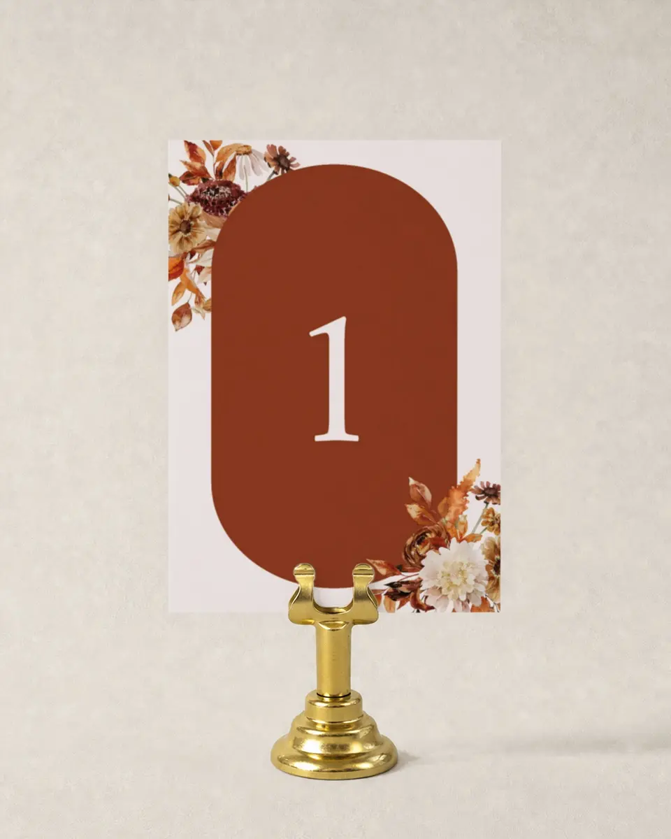 This is a 3½" x 5" Wedding Table Number called Autumn Florals printed in full color