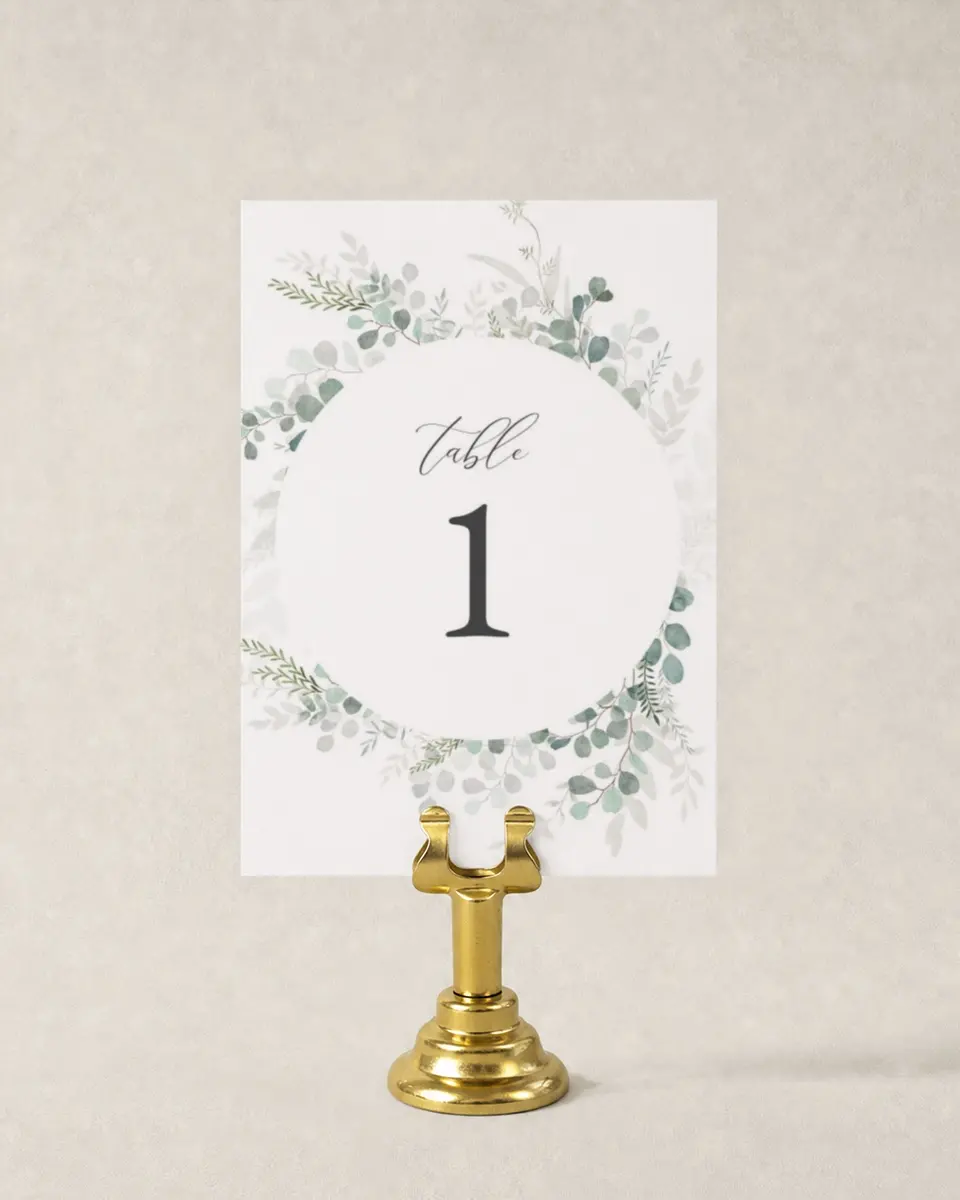 This is a 3½" x 5" Wedding Table Number called Elegant Greenery printed in full color