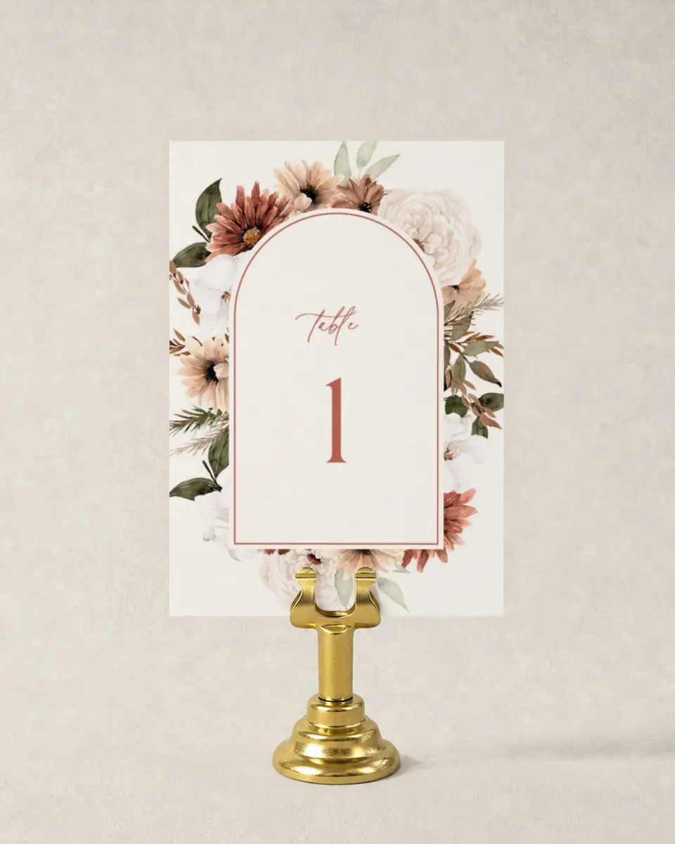 This is a 3½" x 5" Wedding Table Number called Autumn Blooms printed in full color