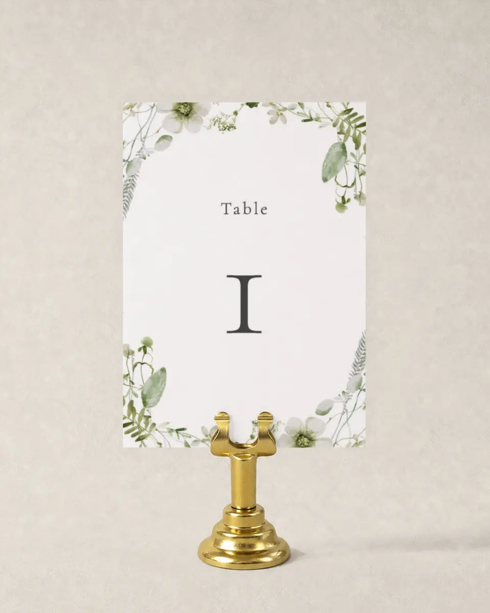 This is a 3½" x 5" Wedding Table Number called Graceful Greenery printed in full color