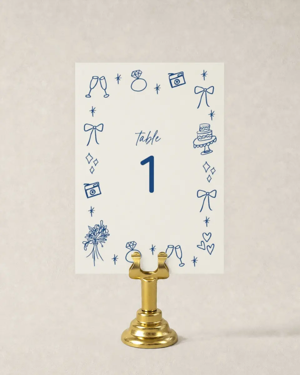 This is a 3½" x 5" Wedding Table Number called Drawn To You printed in full color