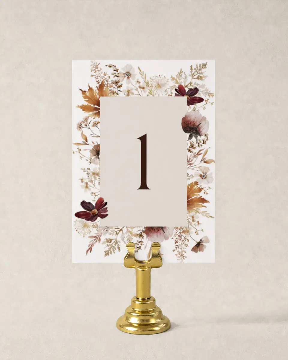 This is a 3½" x 5" Wedding Table Number called Autumn Wildflowers printed in full color