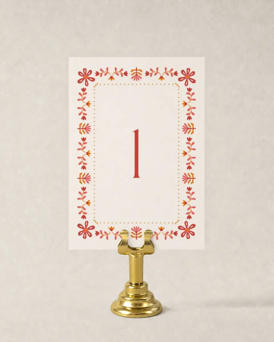 This is a 3½" x 5" Wedding Table Number called Folk Fiesta printed in full color
