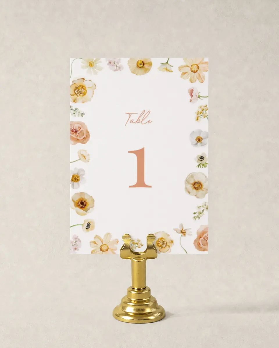 This is a 3½" x 5" Wedding Table Number called Warm Wildflowers printed in full color