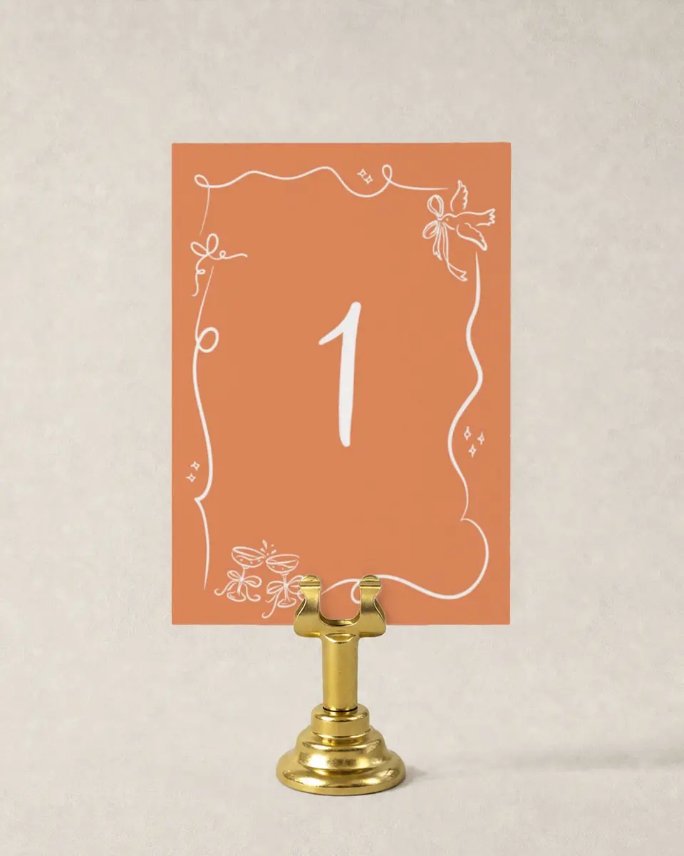 This is a 3½" x 5" Wedding Table Number called Wedding Whimsy printed in full color