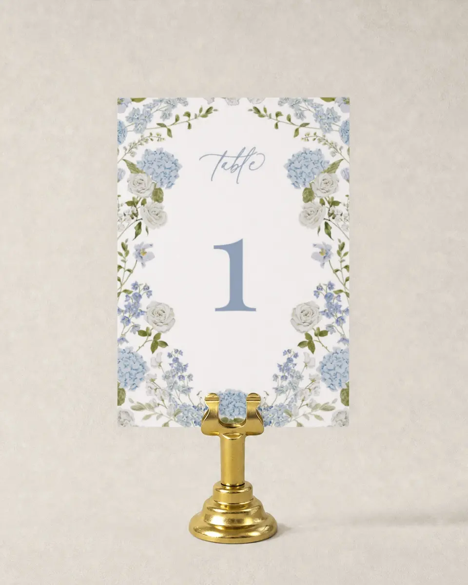 This is a 3½" x 5" Wedding Table Number called Blue Blossoms printed in full color