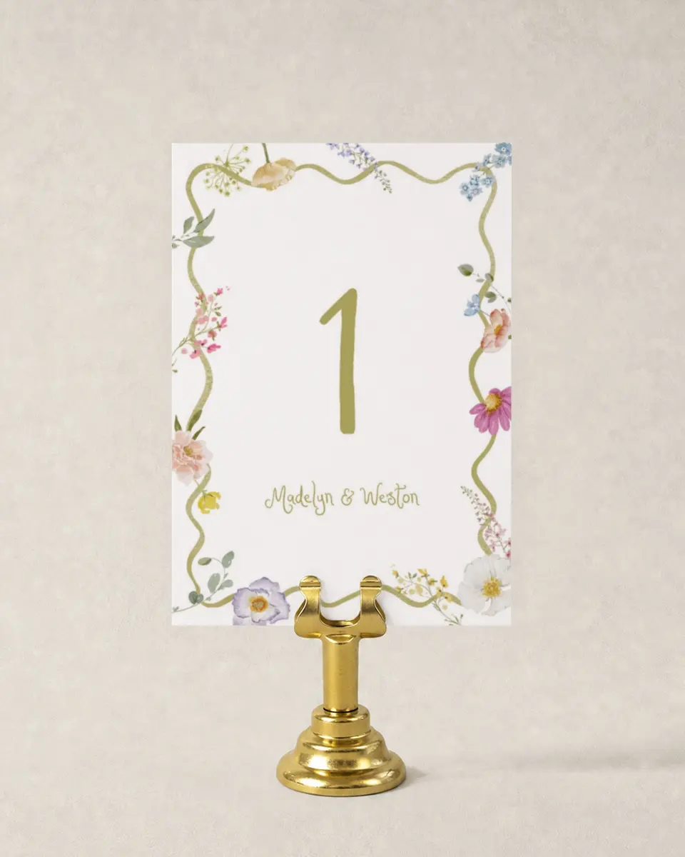 This is a 3½" x 5" Wedding Table Number called Whimsical Garden printed in full color