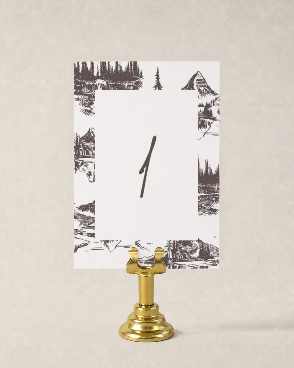 This is a 3½" x 5" Wedding Table Number called Mountain Bliss printed in full color