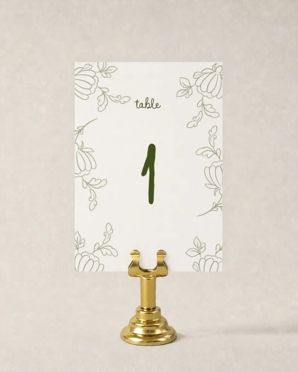This is a 3½" x 5" Wedding Table Number called Evergreen Elegance printed in full color