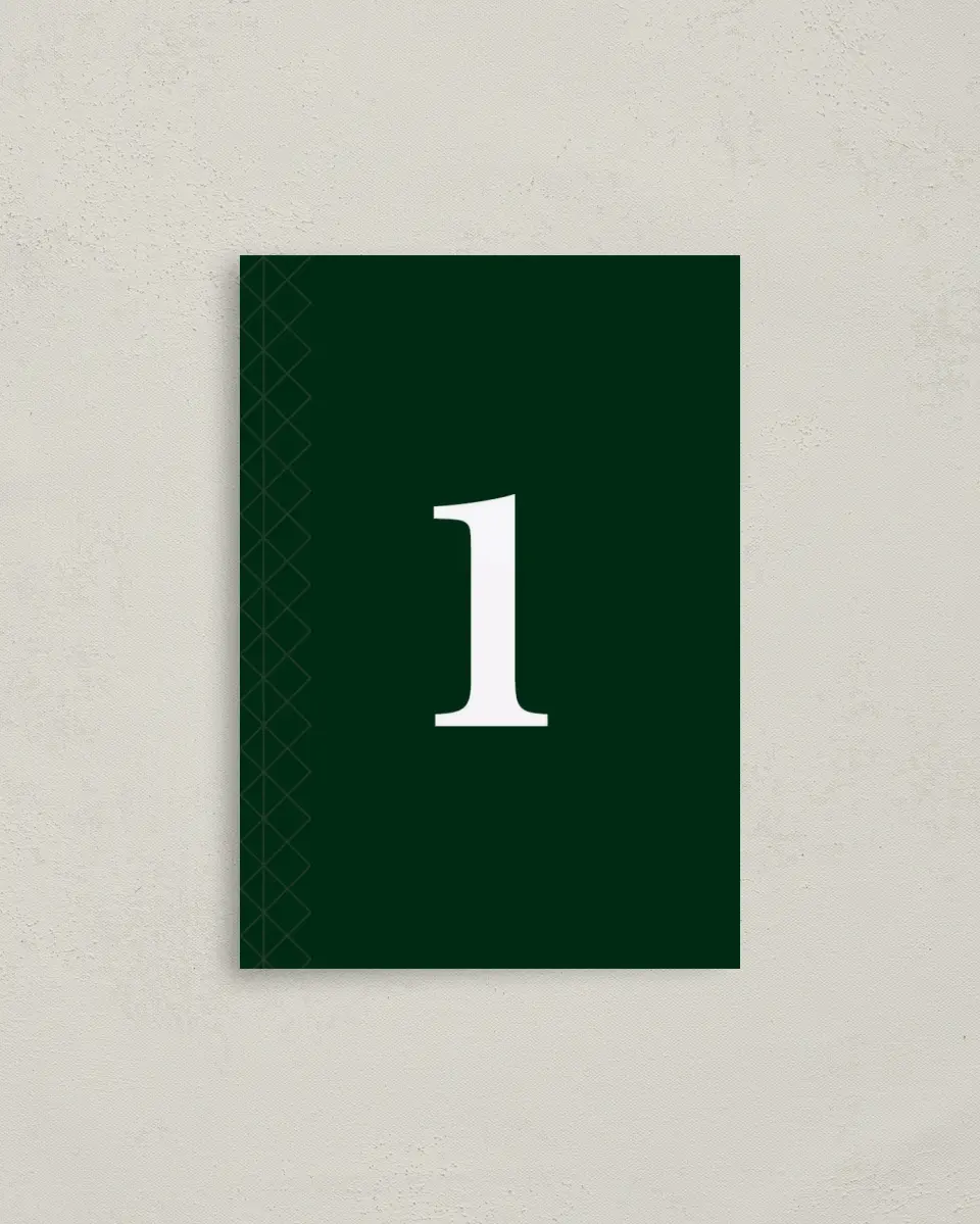 This is a 3½" x 5" Gala Table Number called Enduring Evergreen printed in full color