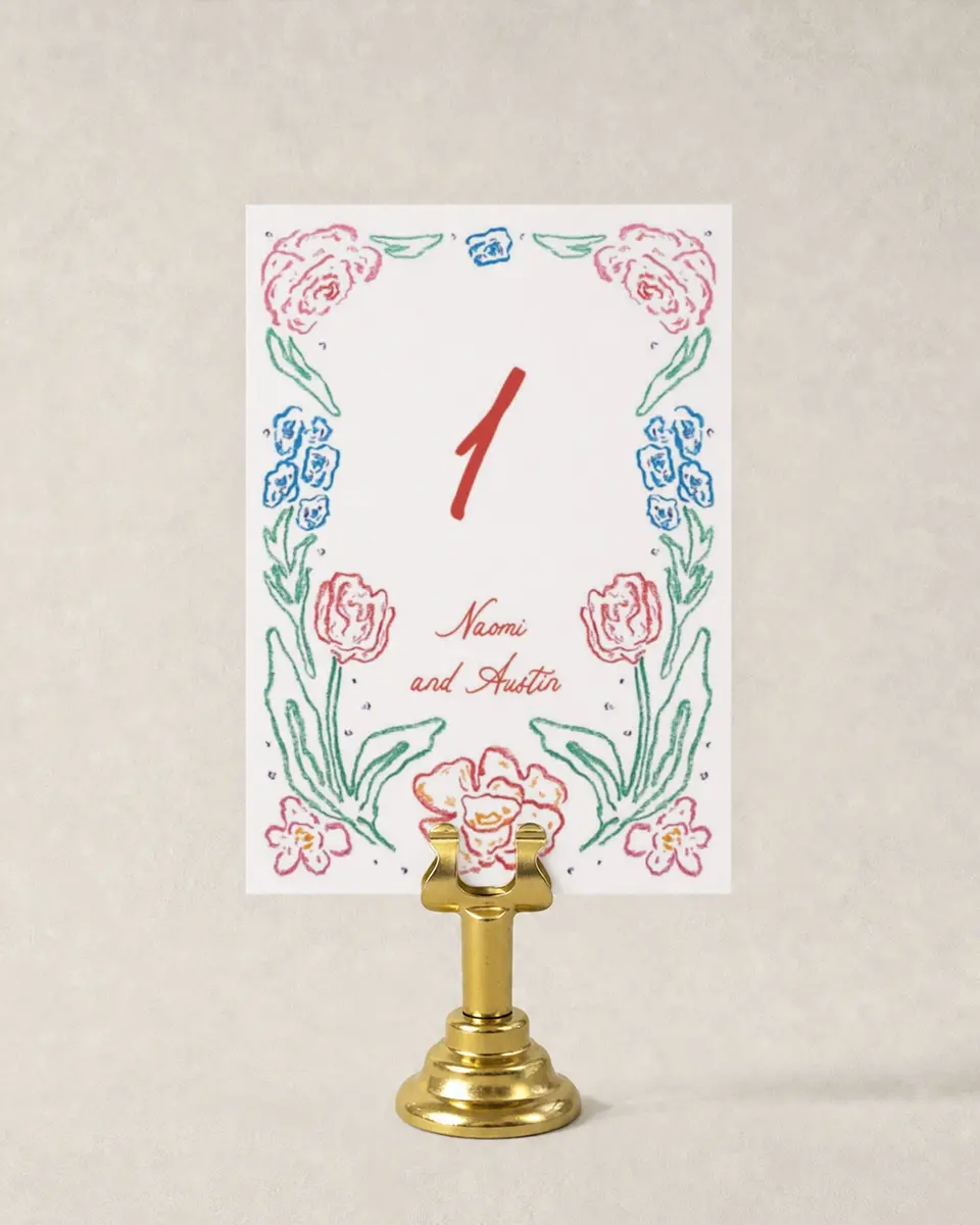 This is a 3½" x 5" Wedding Table Number called Whimsy Love printed in full color