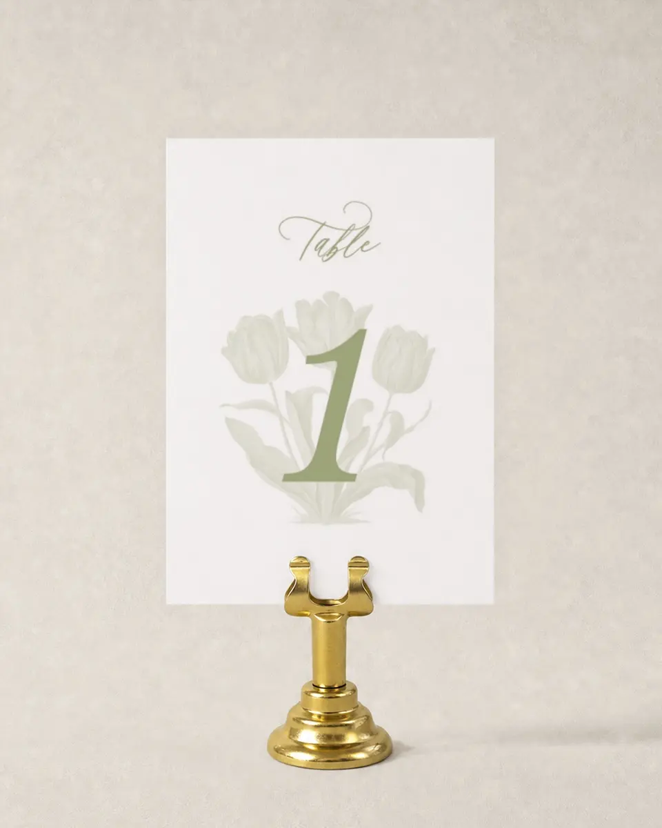 This is a 3½" x 5" Wedding Table Number called Timeless Tulips printed in full color