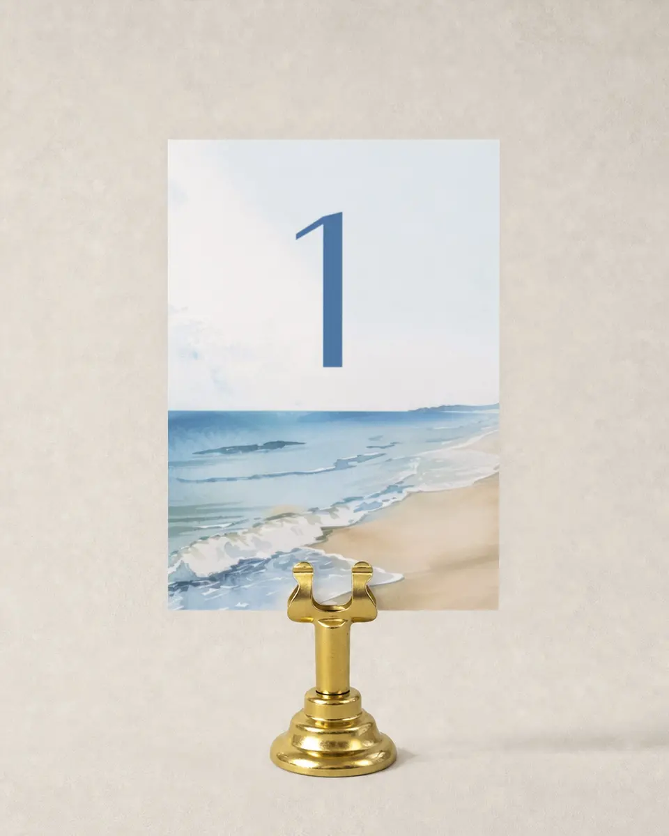 This is a 3½" x 5" Wedding Table Number called Seaside Serenade printed in full color