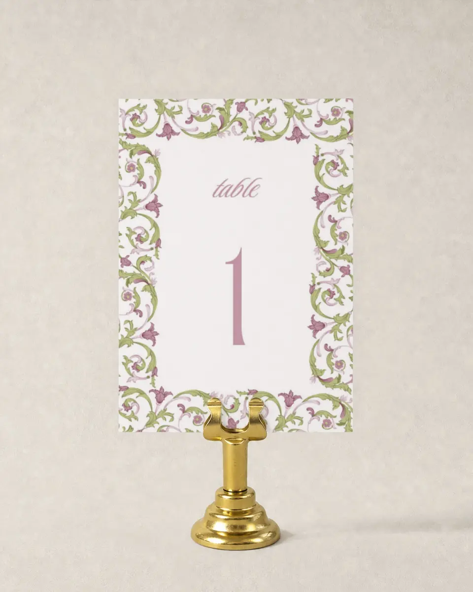 This is a 3½" x 5" Wedding Table Number called Ornate Garden printed in full color