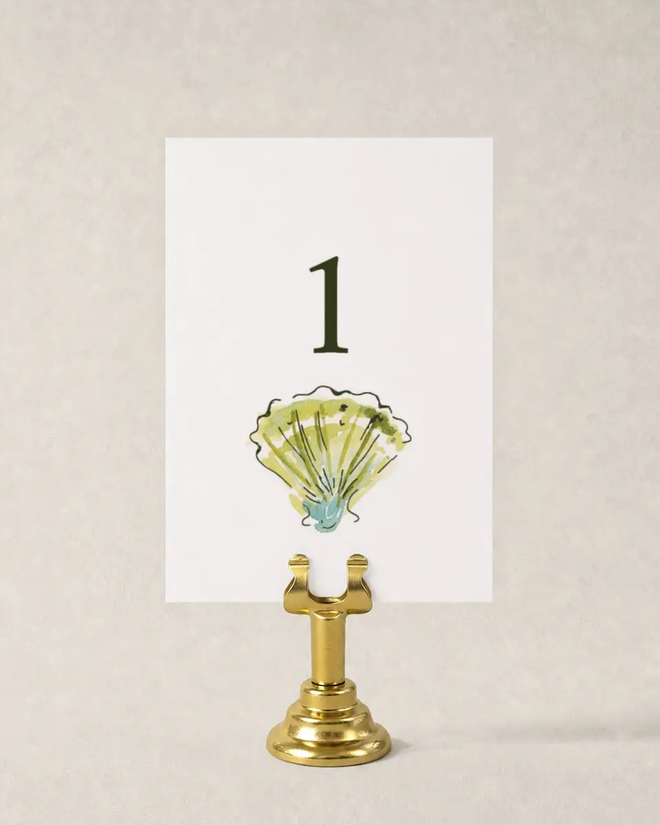 This is a 3½" x 5" Wedding Table Number called Whimsical Shells printed in full color