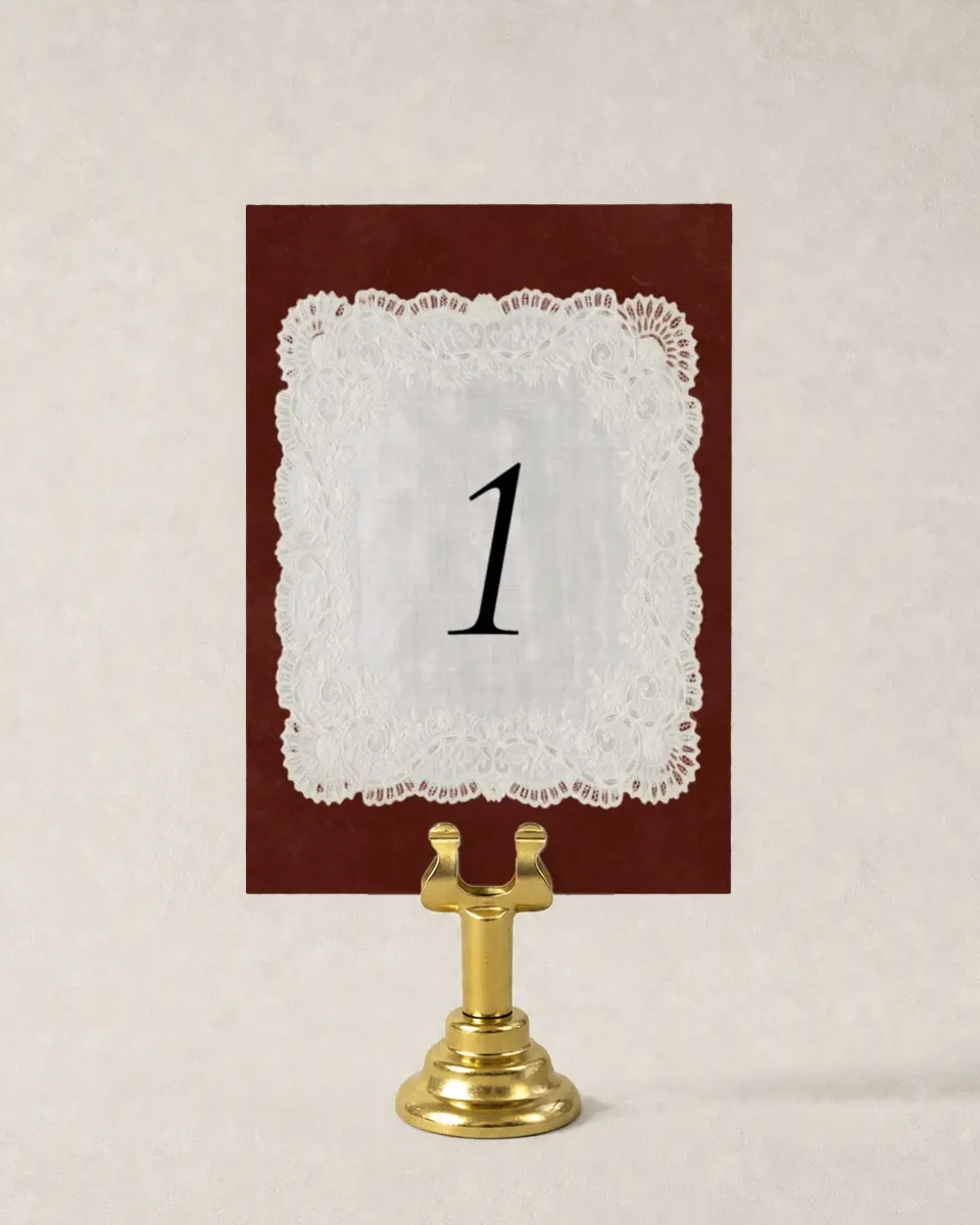 This is a 3½" x 5" Wedding Table Number called Trimmed Lace printed in full color