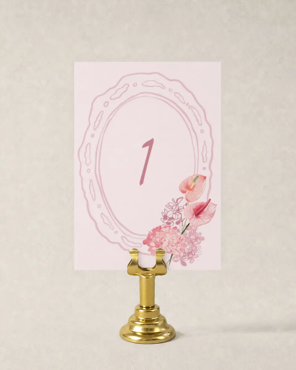 This is a 3½" x 5" Wedding Table Number called Blushing Whimsy printed in full color
