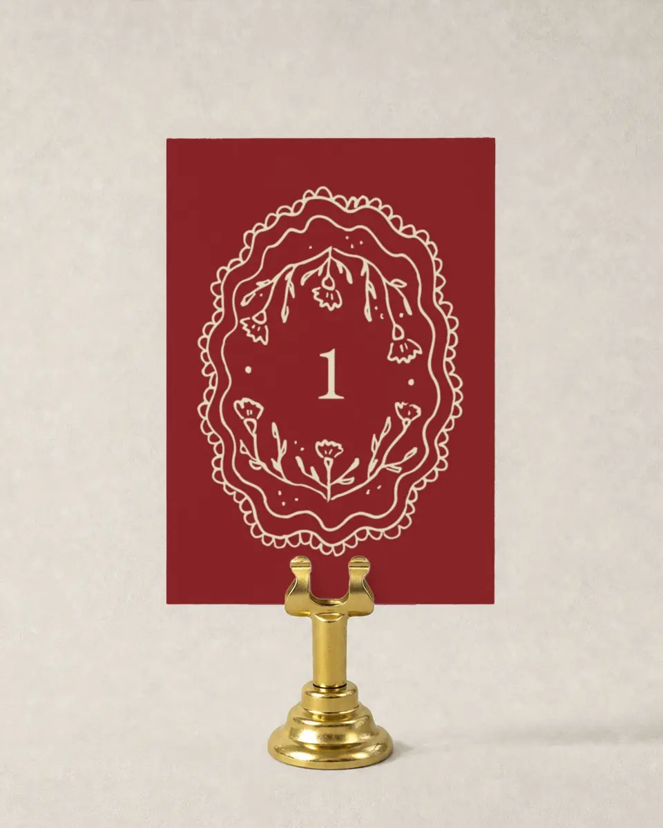 This is a 3½" x 5" Wedding Table Number called Bloom & Crest printed in full color
