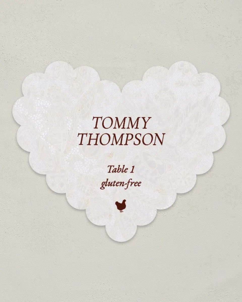 This is a 3" x 3.5" Wedding Place Card called Trimmed Lace printed in full color on Premium Smooth paper