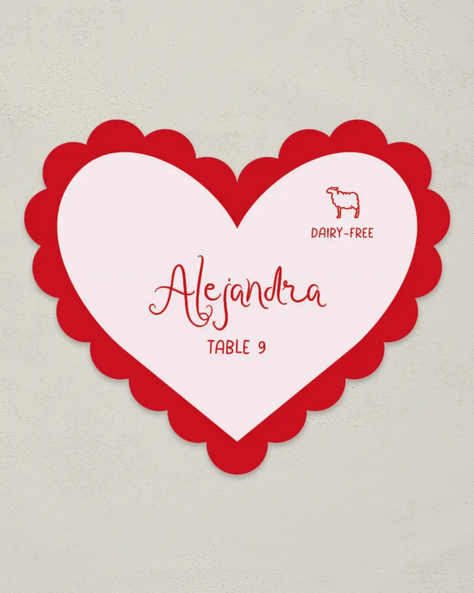 This is a 3" x 3.5" Wedding Place Card called Charming Valentine printed in full color on Premium Smooth paper