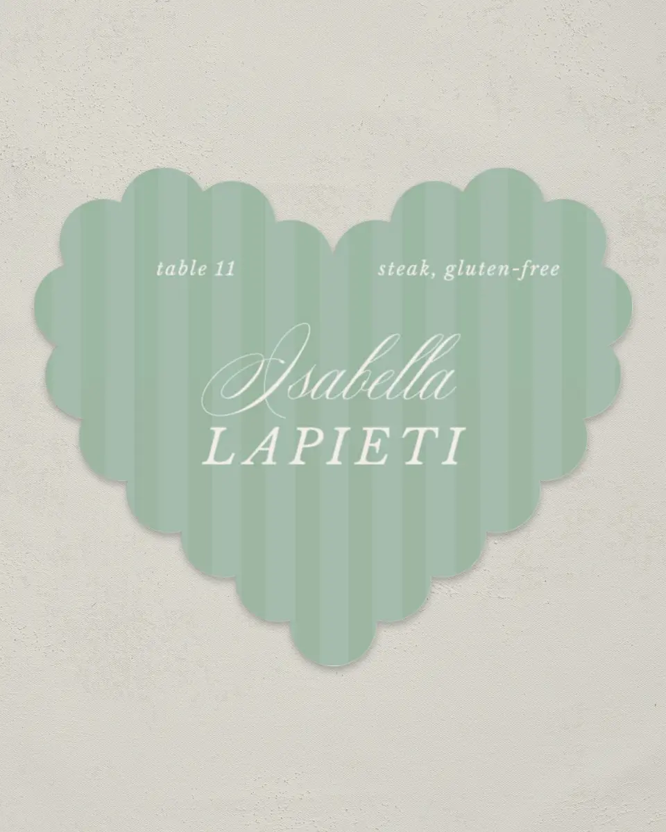 This is a 3" x 3.5" Wedding Place Card called Striped Heart printed in full color on Premium Smooth paper
