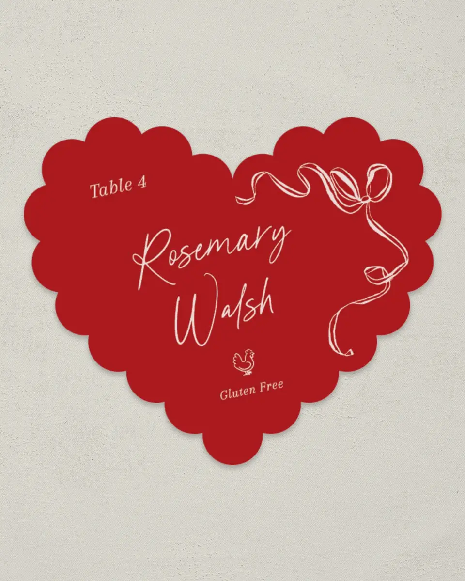 This is a 3" x 3.5" Wedding Place Card called Scalloped Heart printed in full color on Premium Smooth paper