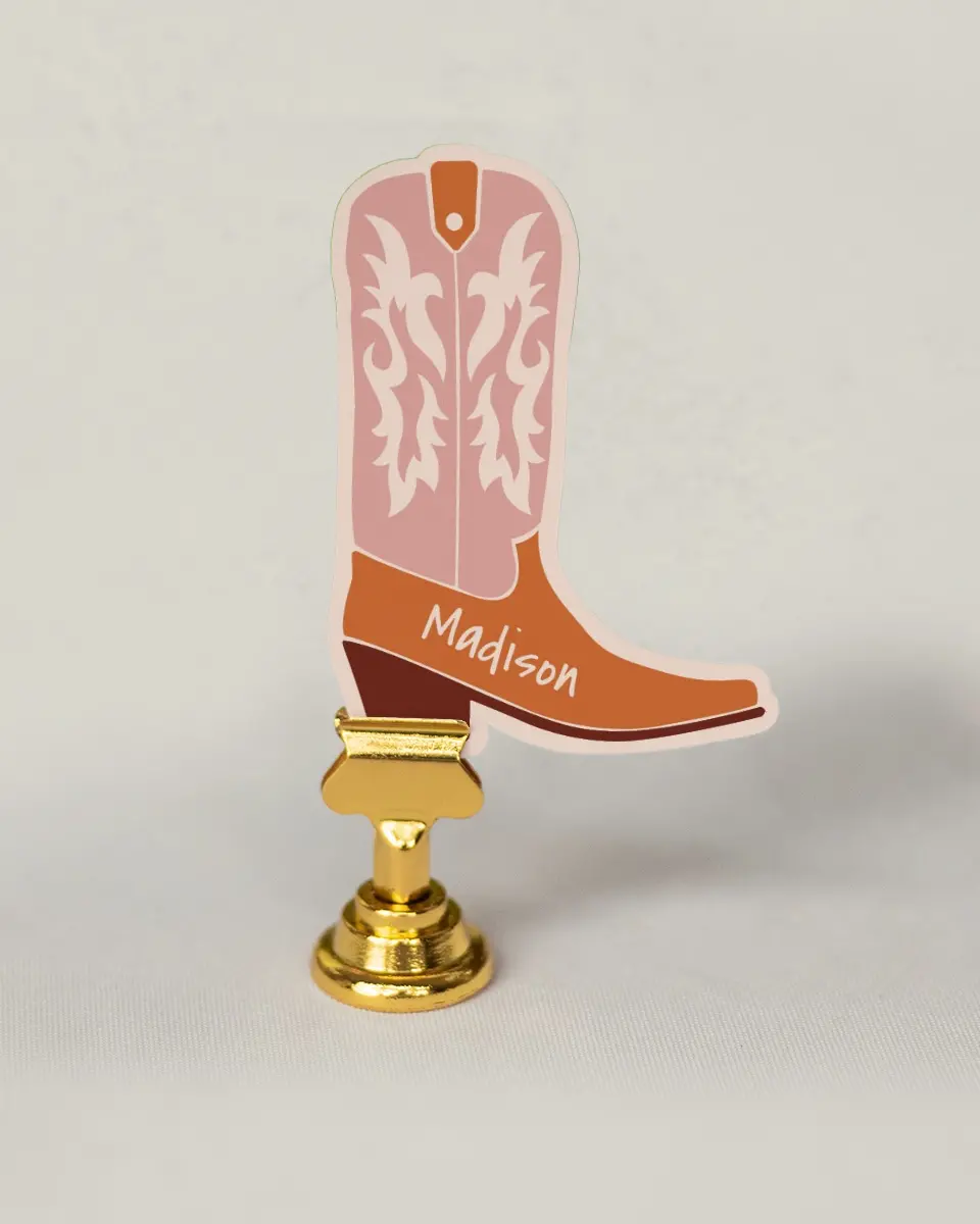 This is a 2.5" x 3.5" Wedding Place Card called Booted Bliss printed in full color on Premium Smooth paper
