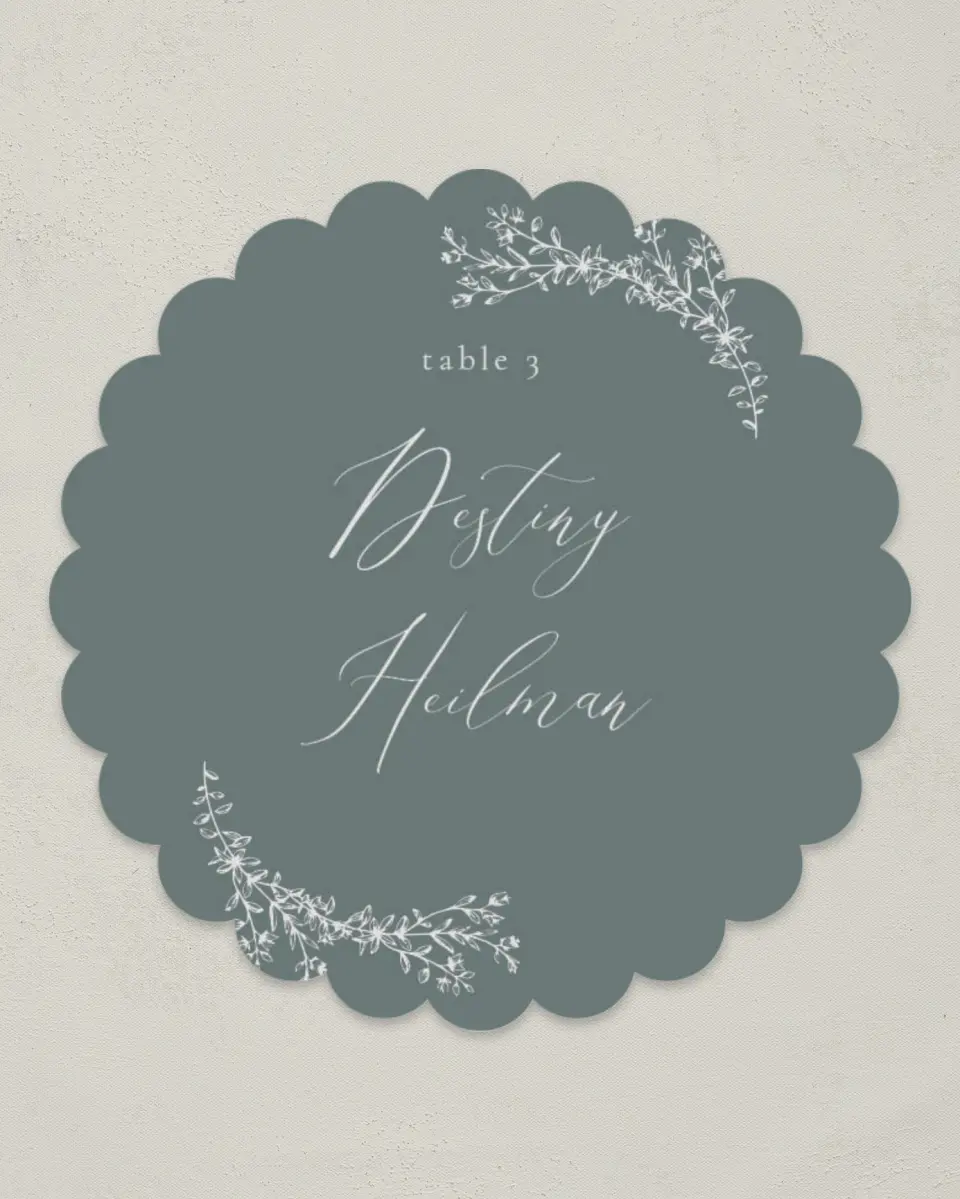 This is a 3.5" Circle Wedding Place Card called Timeless Order printed in full color on Premium Smooth paper
