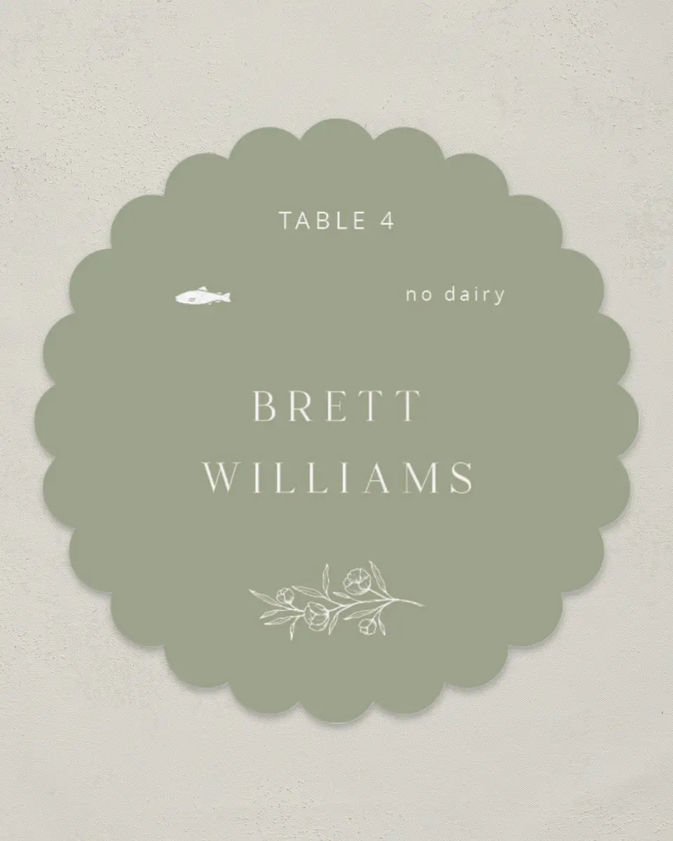This is a 3.5" Circle Wedding Place Card called The Jasmine printed in full color on Premium Smooth paper