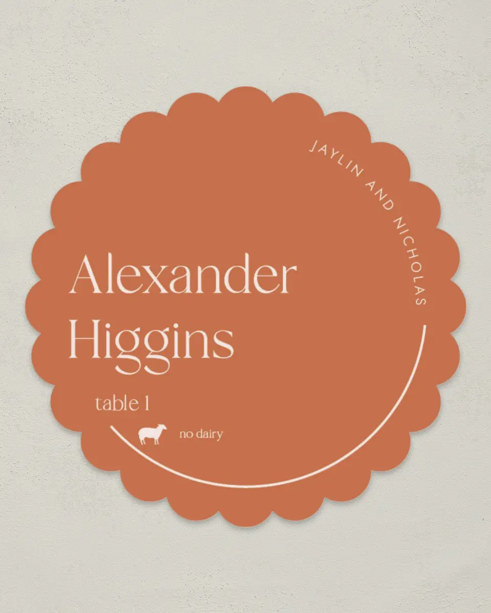 This is a 3.5" Circle Wedding Place Card called The Jaylin printed in full color on Premium Smooth paper