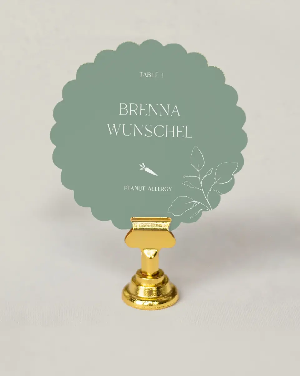 This is a 3.5" Circle Wedding Place Card called The Sadie printed in full color on Premium Smooth paper
