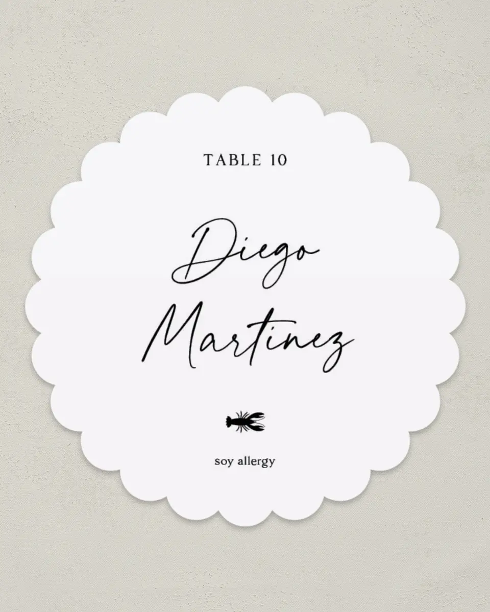 This is a 3.5" Circle Wedding Place Card called The Lauren printed in full color on Premium Smooth paper
