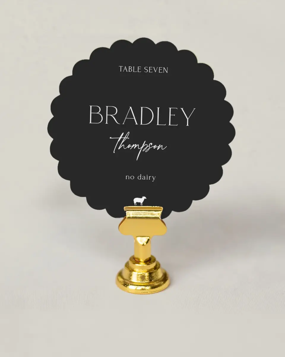 This is a 3.5" Circle Wedding Place Card called The Caroline printed in full color on Premium Smooth paper