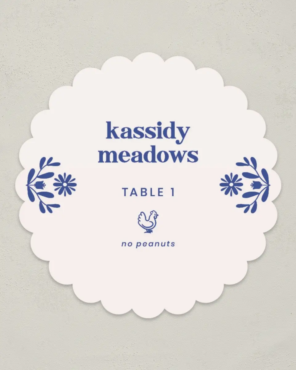 This is a 3.5" Circle Wedding Place Card called The Kassidy printed in full color on Premium Smooth paper
