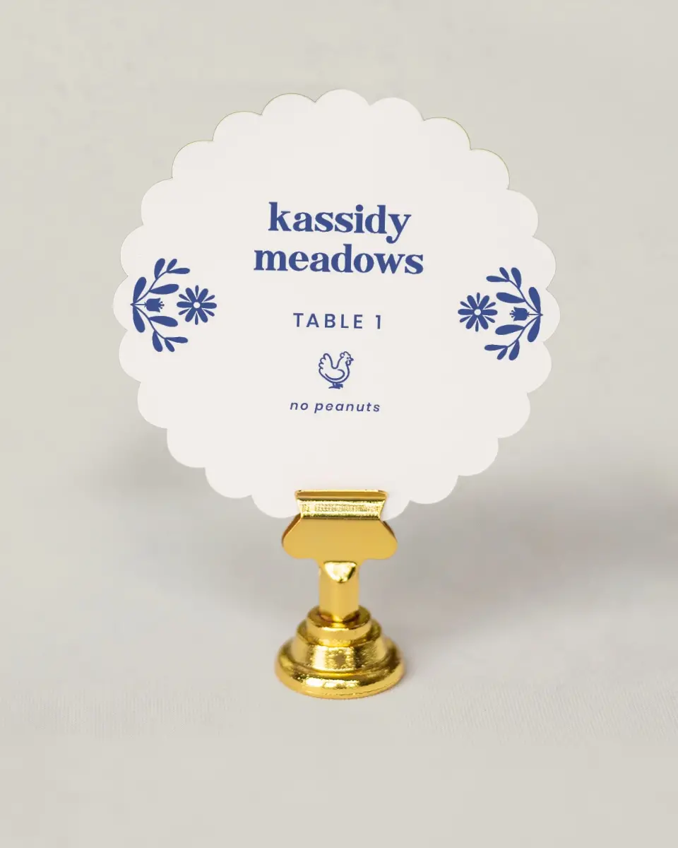 This is a 3.5" Circle Wedding Place Card called The Kassidy printed in full color on Premium Smooth paper