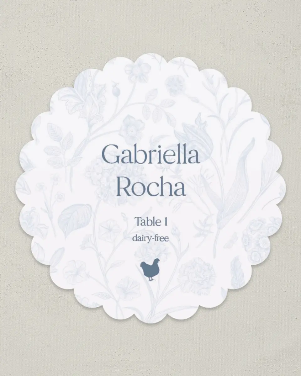 This is a 3.5" Circle Wedding Place Card called The Gabriella printed in full color on Premium Smooth paper
