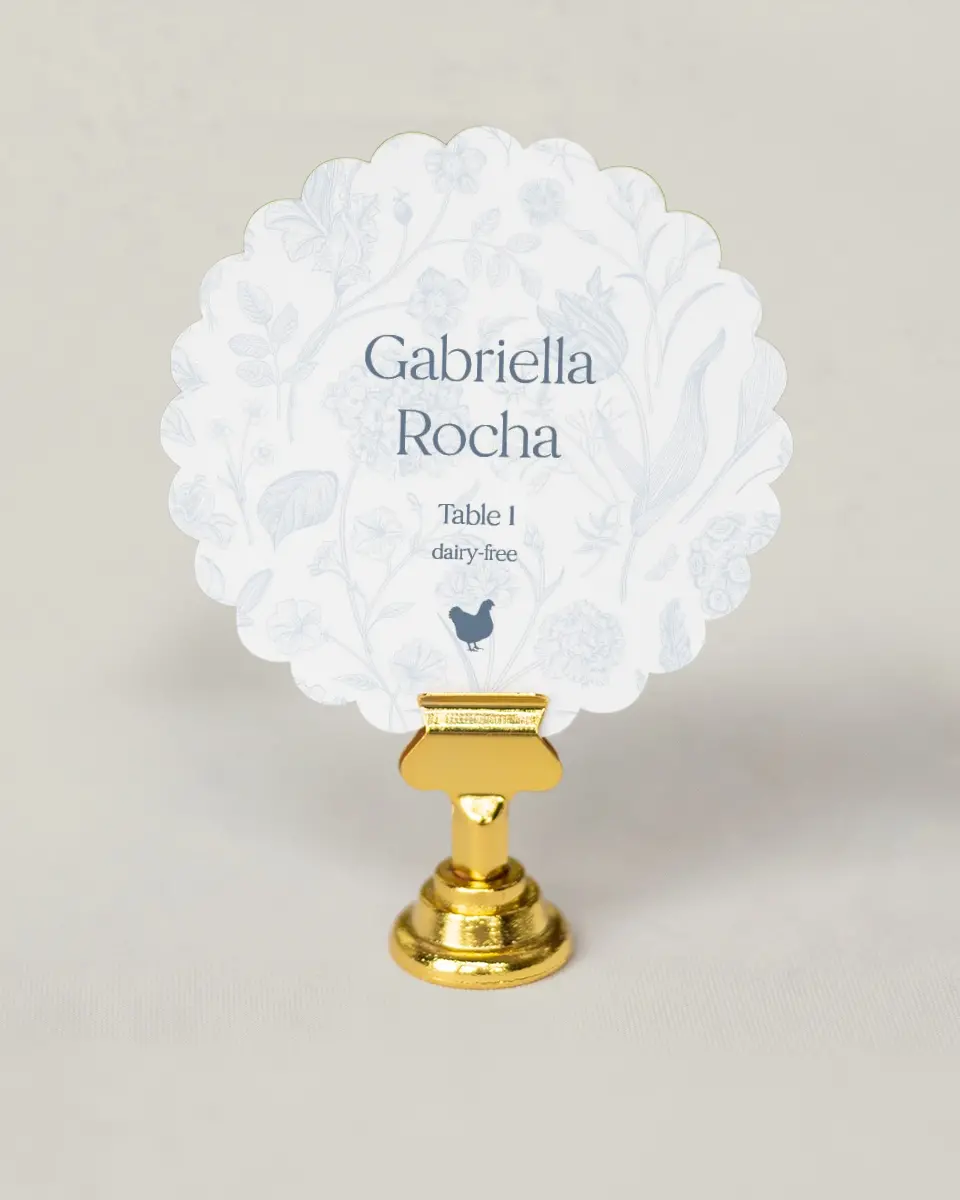 This is a 3.5" Circle Wedding Place Card called The Gabriella printed in full color on Premium Smooth paper